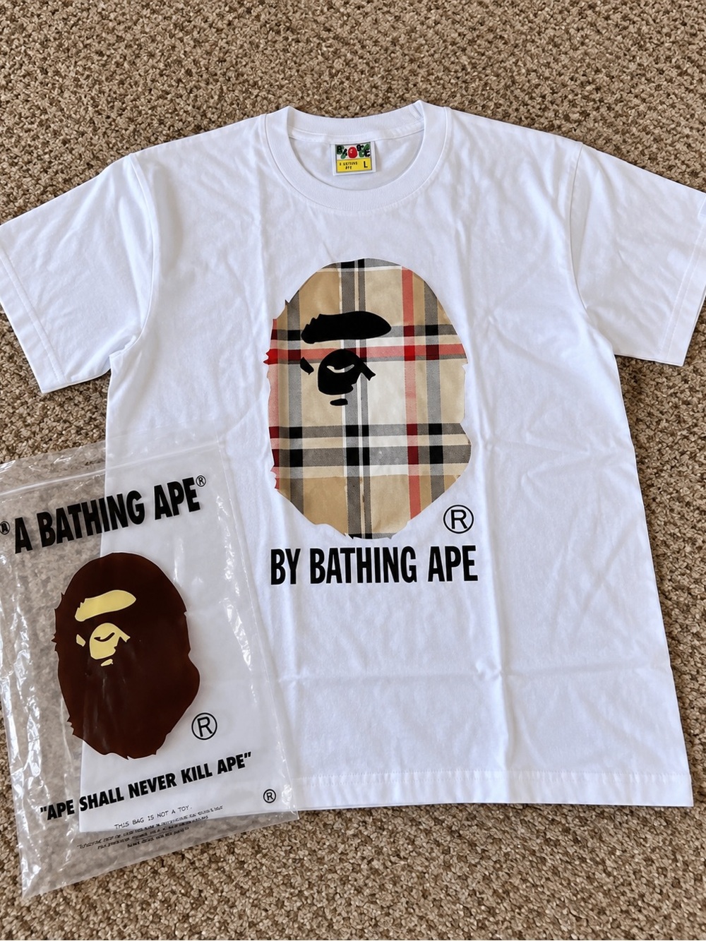 A Bathing Ape White Plaid Logo Short Sleeve Tee